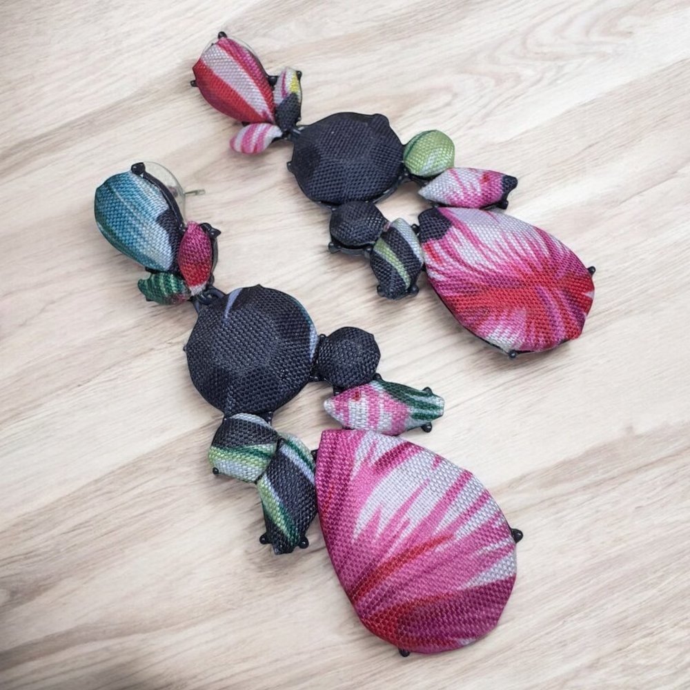 Dangling Pierced Earrings Fabric Covered Pink and Dark Navy